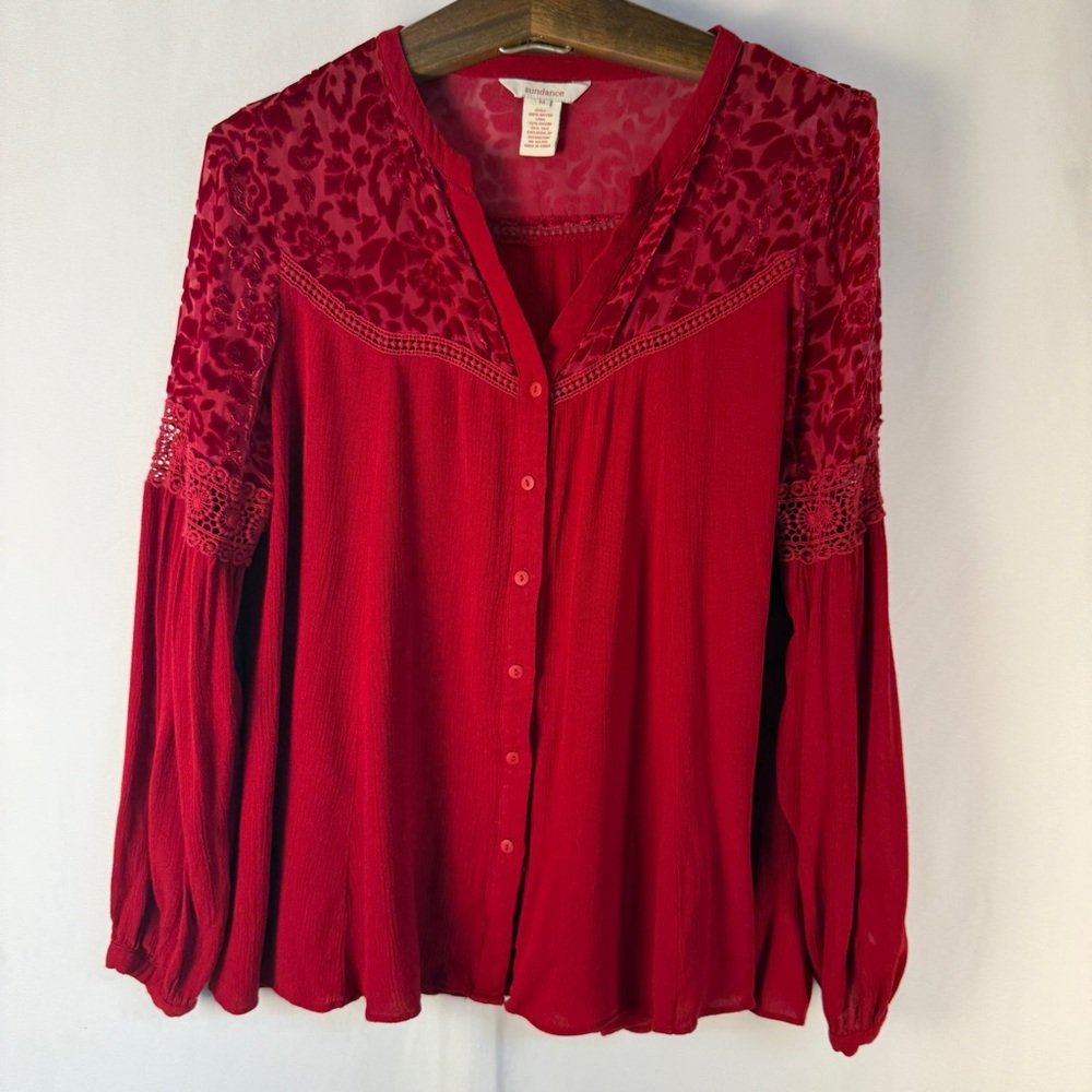 Sundance Red Velvet Burnout and Lace Detail Blouse, Bohemian, Whimsigoth Western